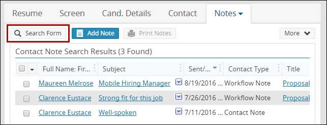 An image that highlights the Search Form button on the Notes Tab search results view.