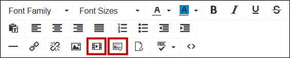 An image that shows the WYSIWYG editor, highlighing Paste from Word, Insert Image from File Library, and Insert/Edit Embedded Media.