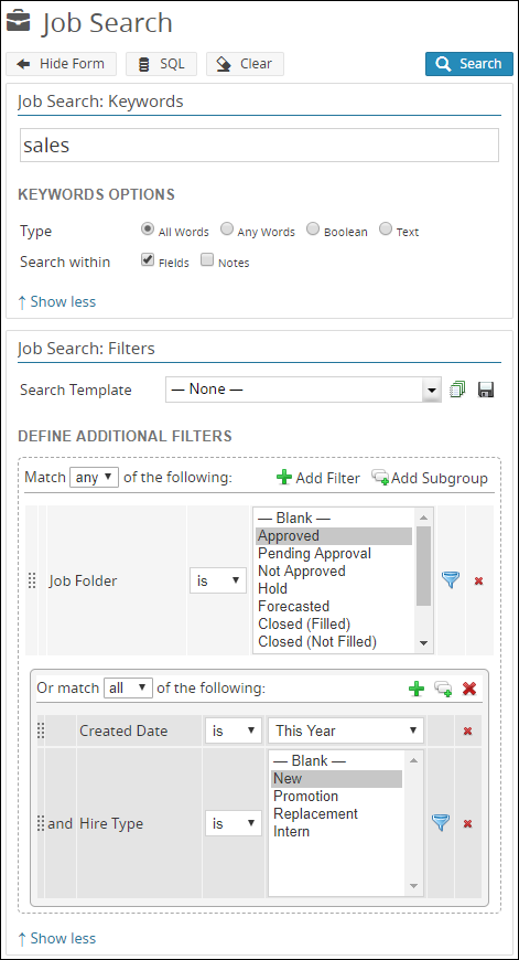 A search form displaying the filters used in the example Job search.