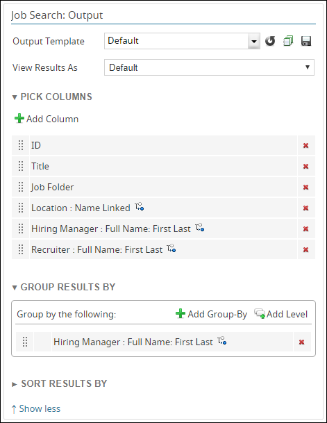 The output section of the search form displaying the columns and groupings outlined in the example Job search.
