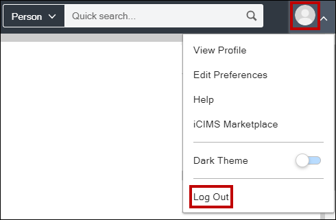 Image of User Options menu with initials and log-out highlighted