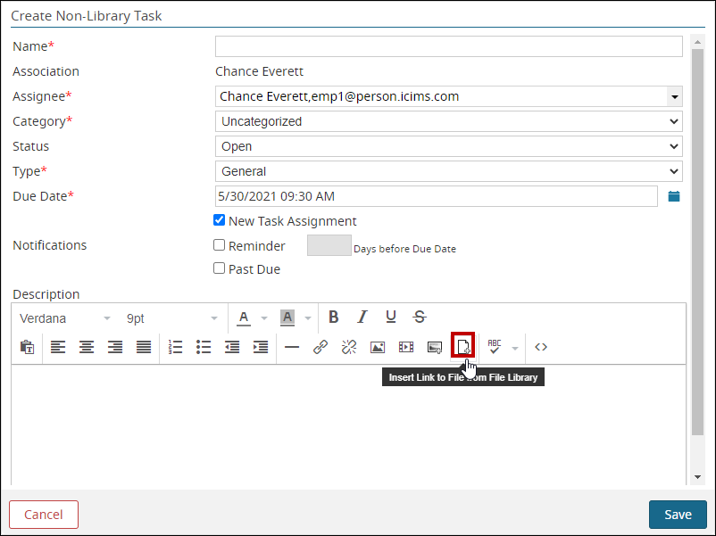 An image of the Create Non-Library Task window with the Insert Link to File from File Library icon highlighted.