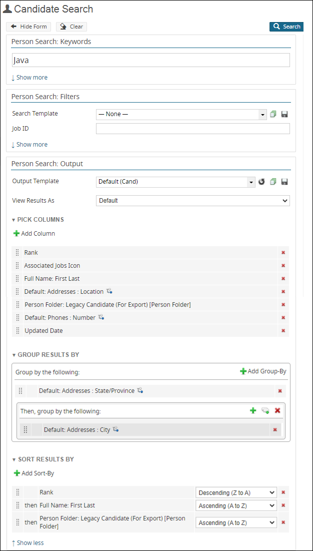 An image that displays the search form criteria to produce the sample search.