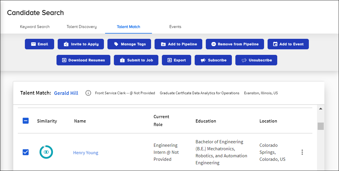 The action buttons that display when clicking a candidate's checkbox