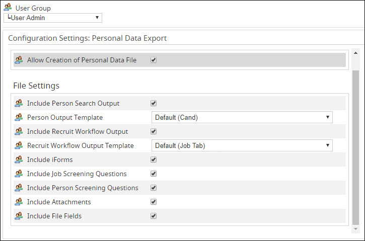 Sample Personal Data Export Settings in System Configuration