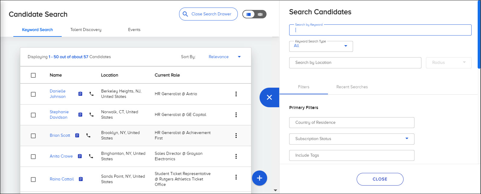 The Search page with the Search Candidates panel open