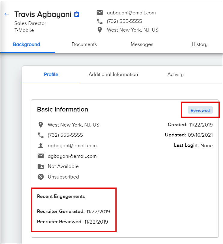 A candidate's activity status and recent engagements