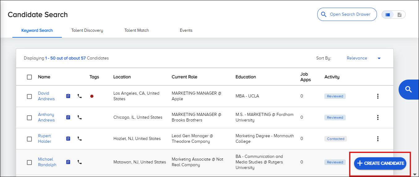 The Create Candidate button on the Candidate Search page