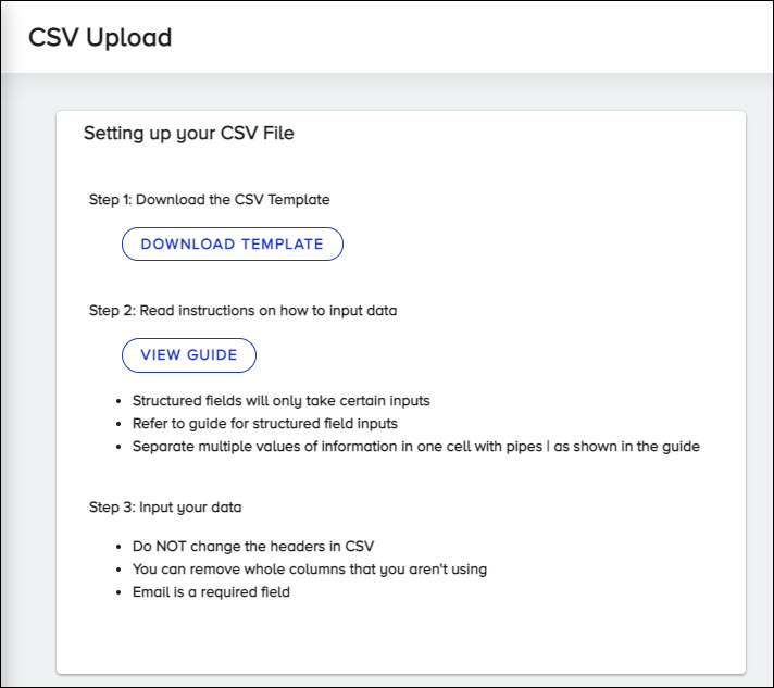 The Setting Up Your CSV File section on the CSV Upload page