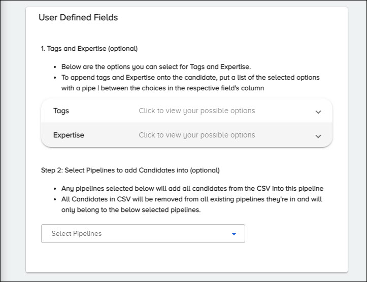 The User Defined Fields section on the CSV Upload page