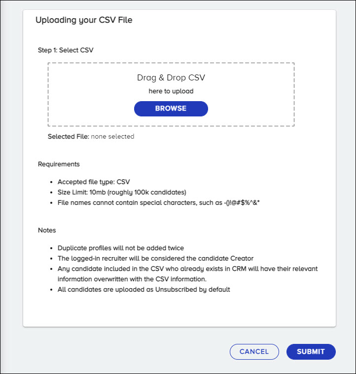 The Uploading Your CSV File section on the CSV Upload page