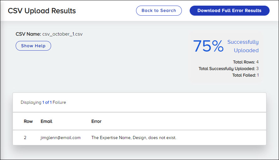 The CSV Upload results page