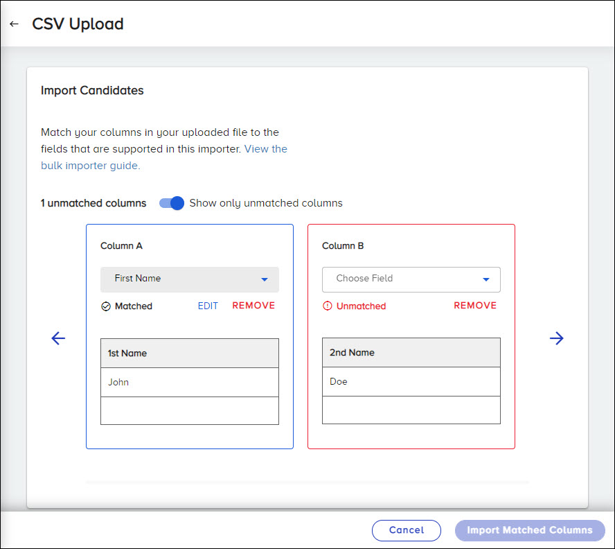 The confirmation page to fix unmatched column headers