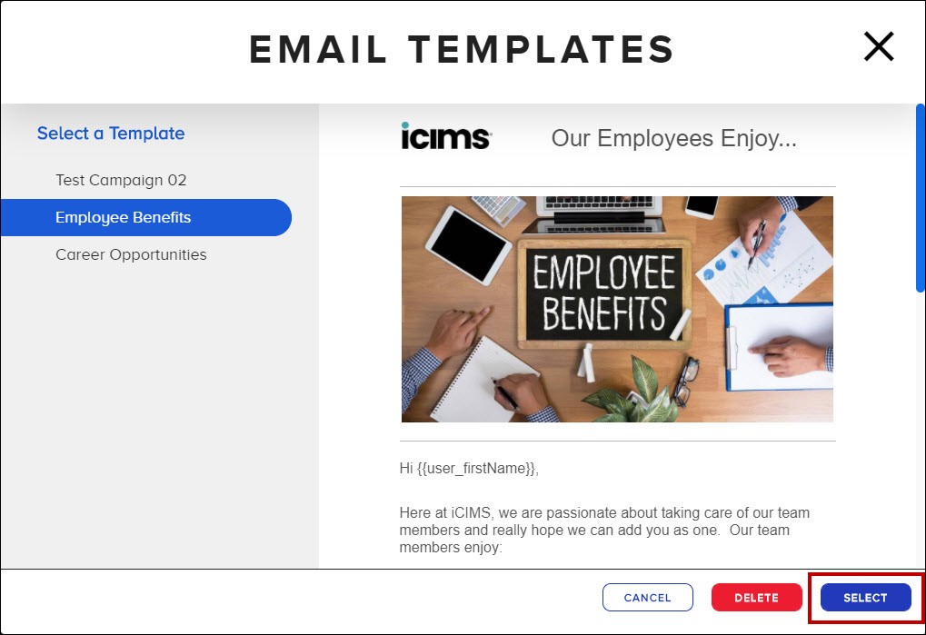 The Select button on the Email Templates page