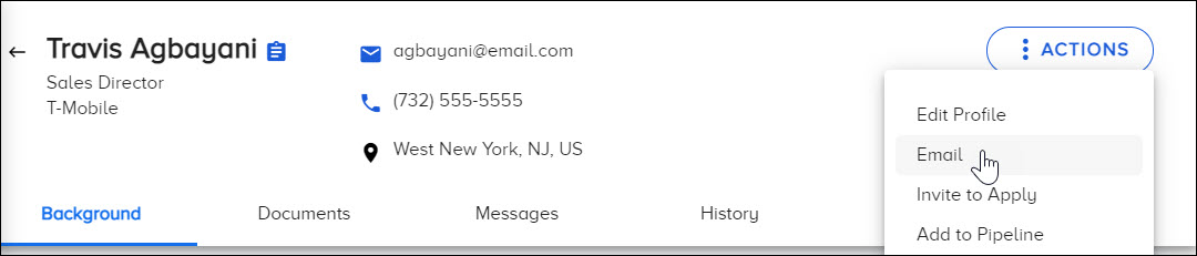 The Email option from the Actions button on a candidate's profile