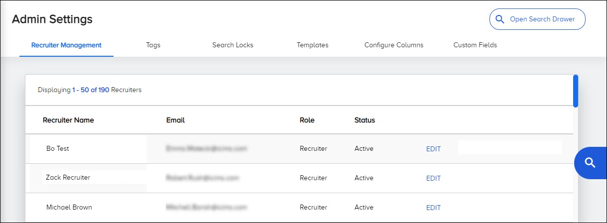 The Recruiter Management tab