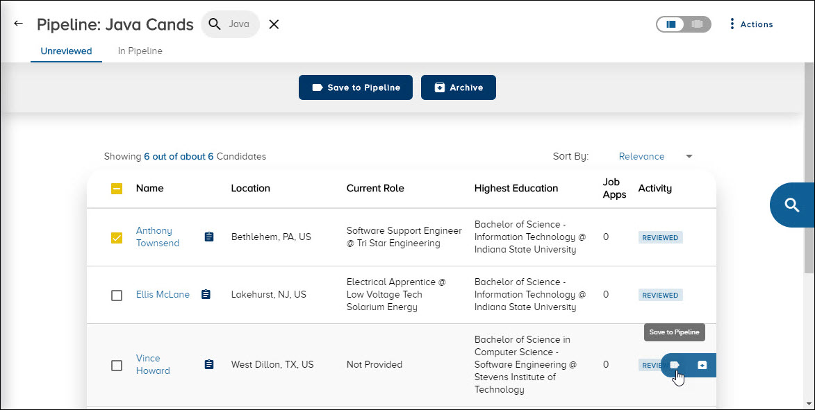 The actions to save or archive pipeline candidates