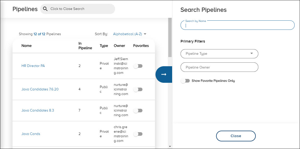 The Pipelines page with the Search Pipelines panel open