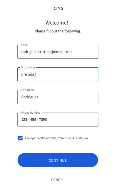 Welcome screen collecting email address, name, phone number, and consent to privacy policy terms and conditions