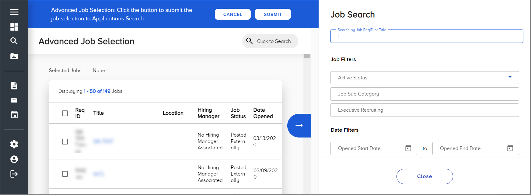 The Advanced Job Selection page