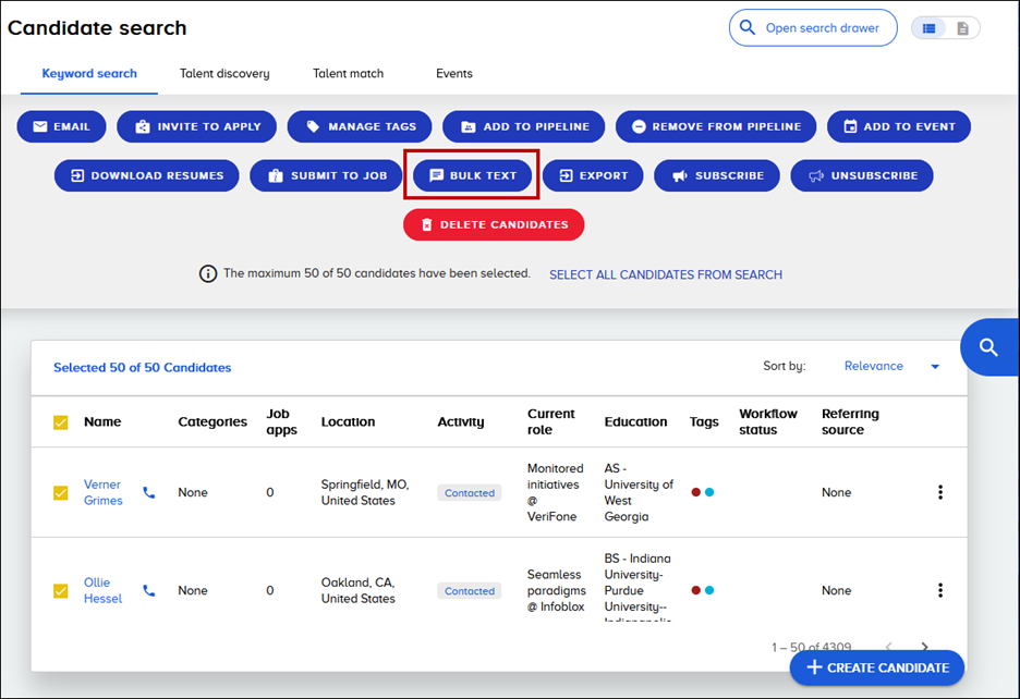 The candidate search page with two candidates selected and the Bulk Text button outlined in red.