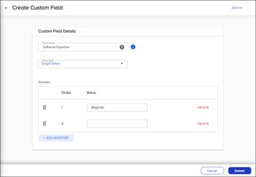 Create Custom Field page with Answers section displayed