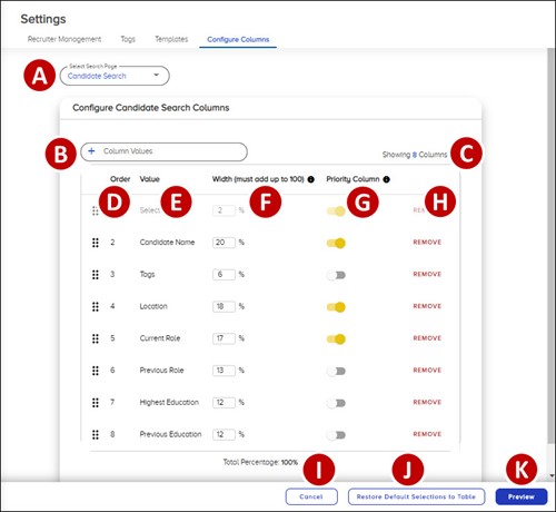 Configure Candidate Search Columns interface