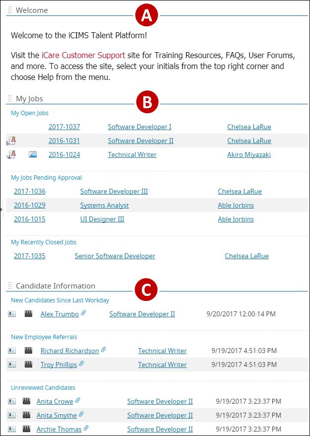 An image of the first column of the recruiter dashboard is displayed.