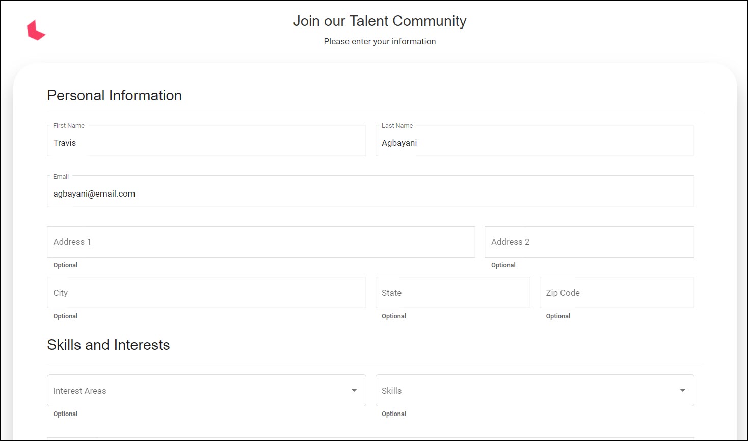 A talent network sign-up form