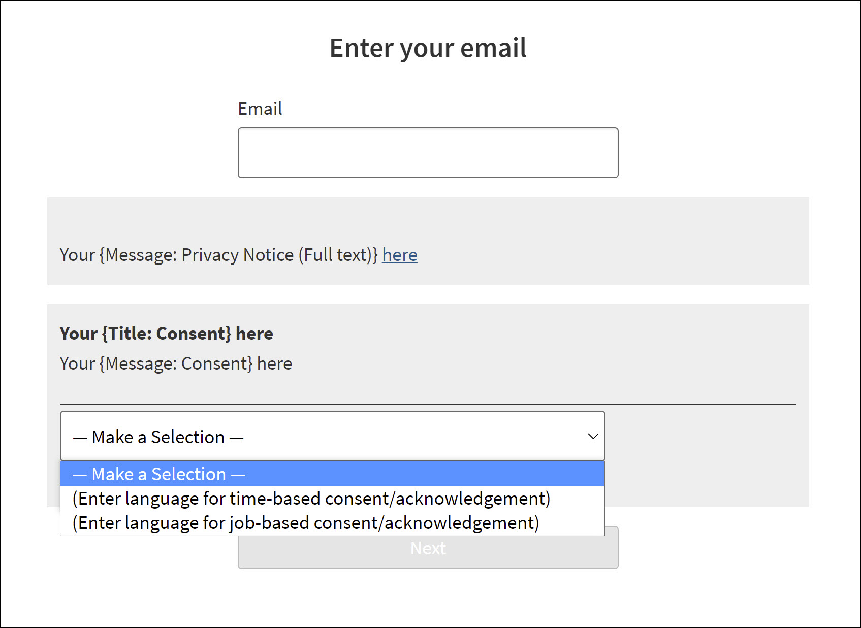 An image of the time-based and job-based consent options in context on a career site.