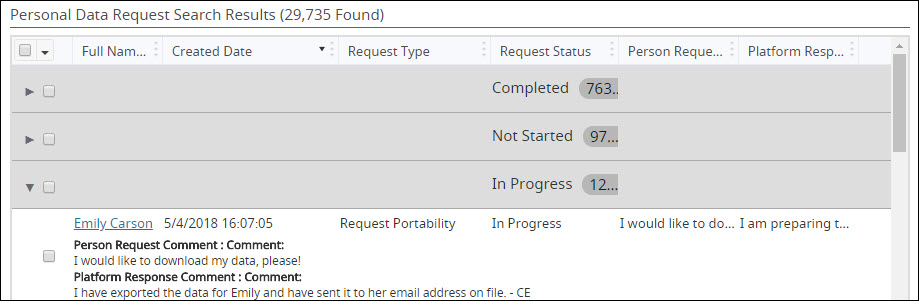 An image of the Personal Data Request Search Results including a Platform Response Comment.