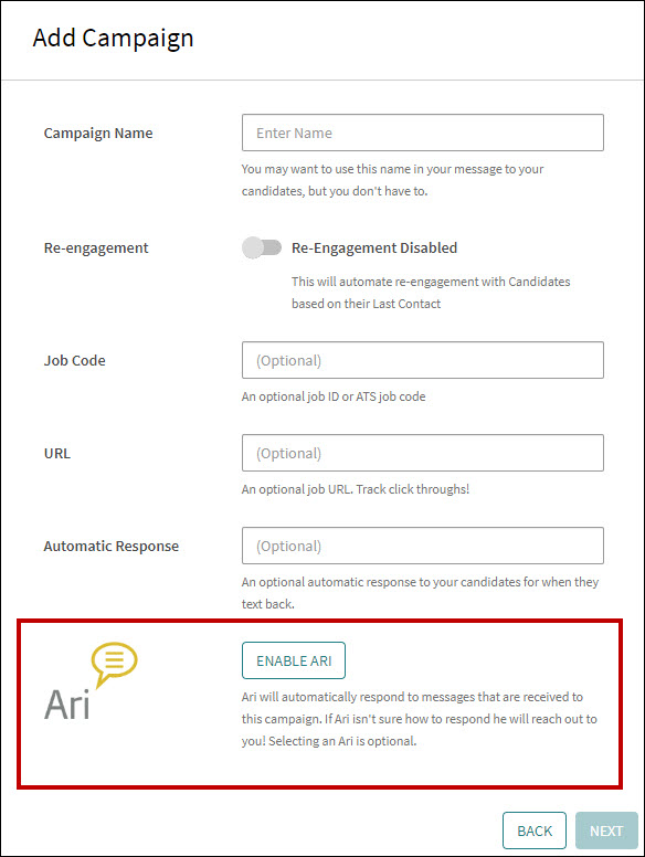 An image that display the Enable ARI button in the Add Campaign popup.