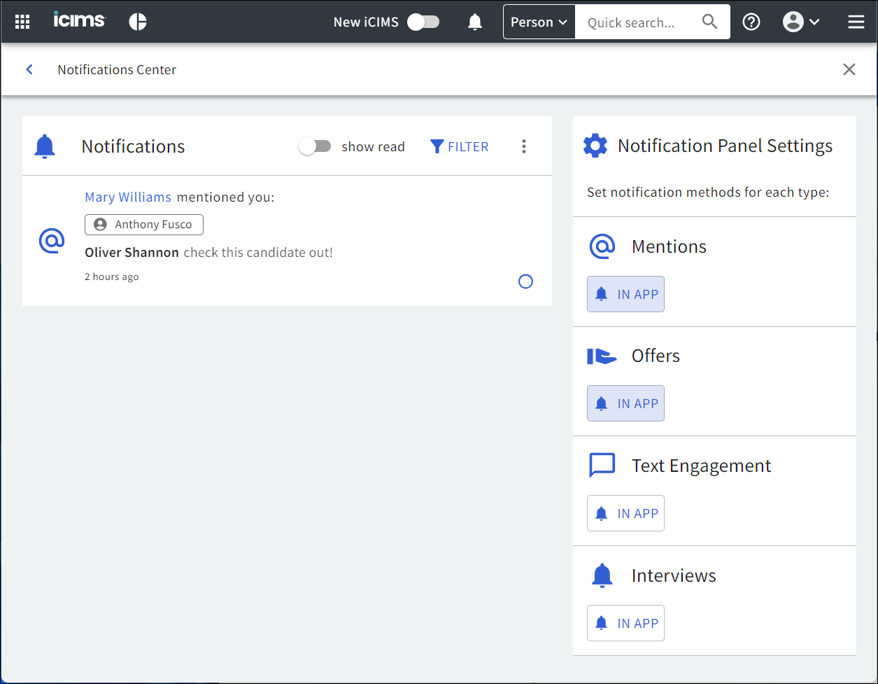 The Notifications Center including Notifications and Notification Panel Settings