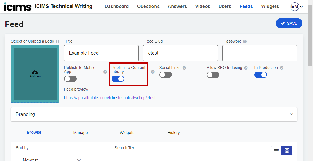 The page for a feed with the second of five toggles selected and highlighted. The toggle is labeled Publish To Content Library.