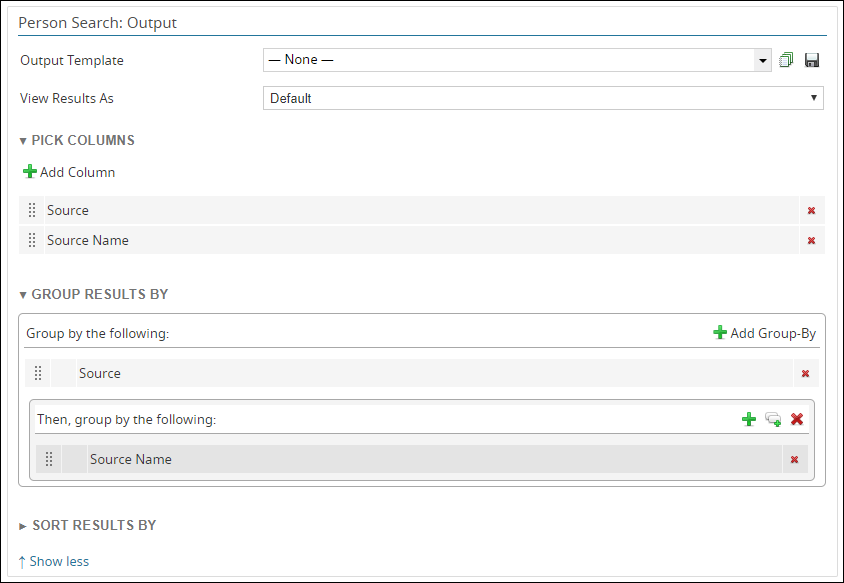 The Output section of the search form for the candidate source example report