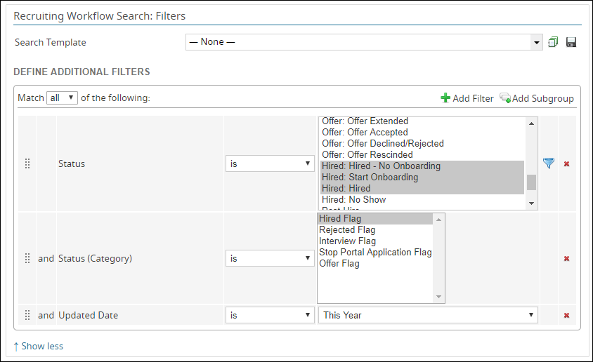 The Filters section of the source of hire example report