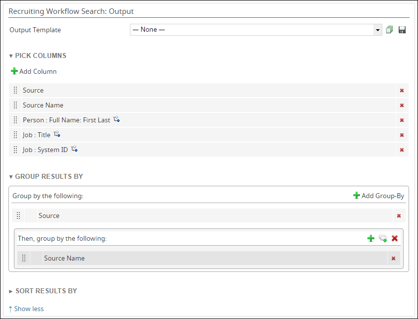 The Output section of the source of hire example report