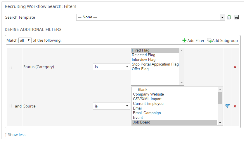 The Filters section of the search form for the example targeted source effectiveness report