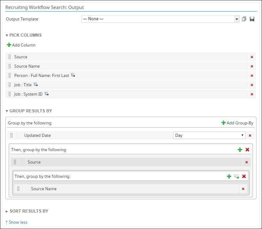 The Output section of the targeted source effectiveness example report