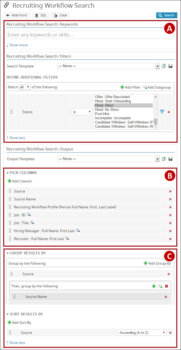 Search Form for the Hired Candidate Source Report