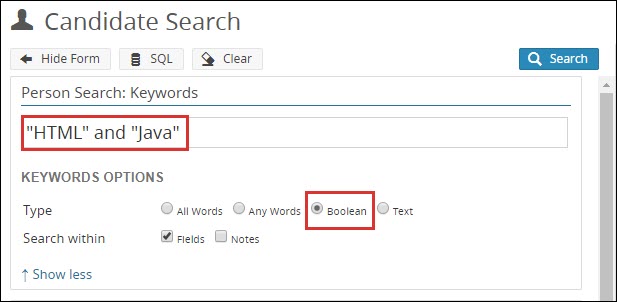 An image that highlights the proper technique for running a Boolean search within a search form.