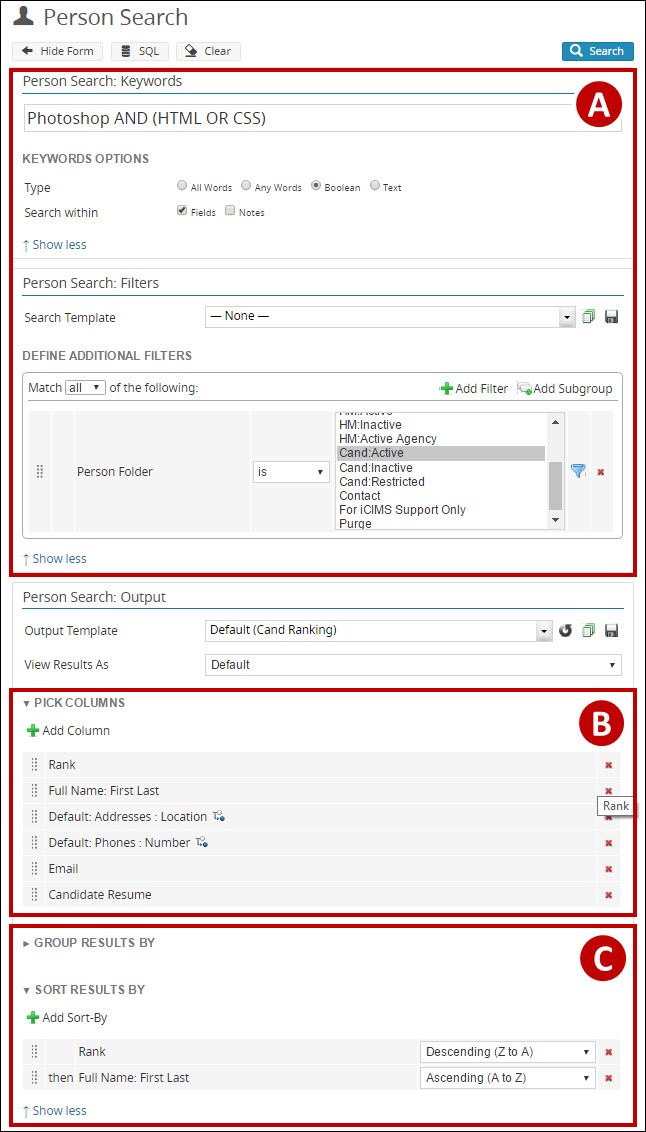 A preview of the search form for a Candidate Keyword Search