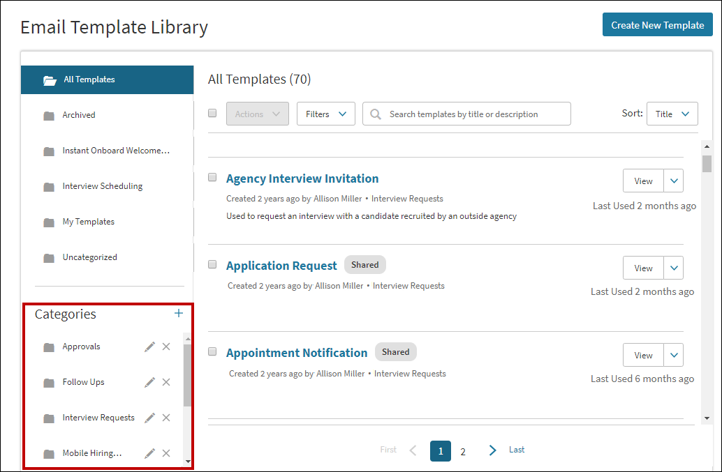 Email template library categories