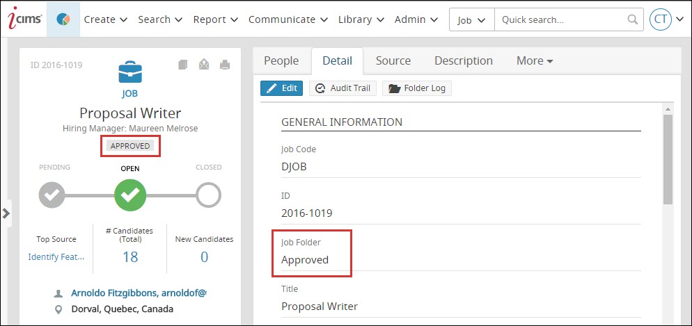 An image that illustrates where the Job Folder field may be found on a Job profile.