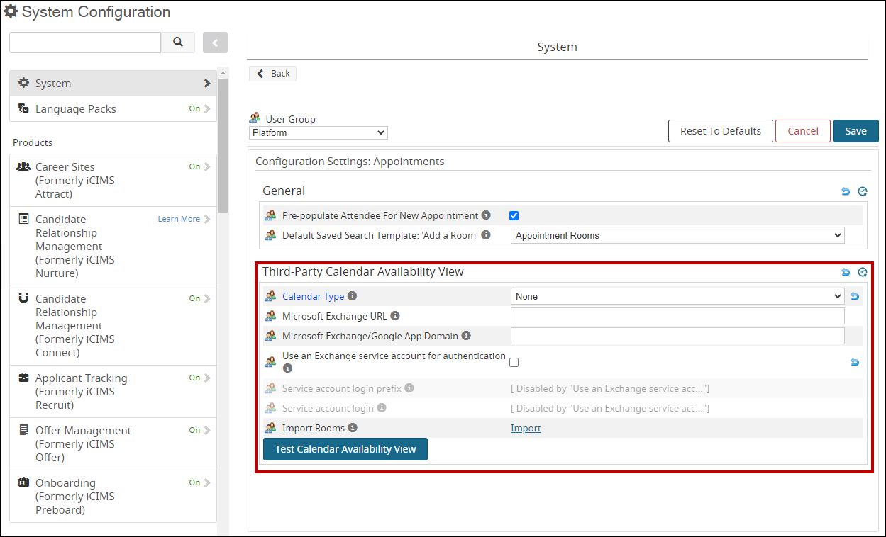 An image highlighting the Calendar Integration keys in System Configuration.