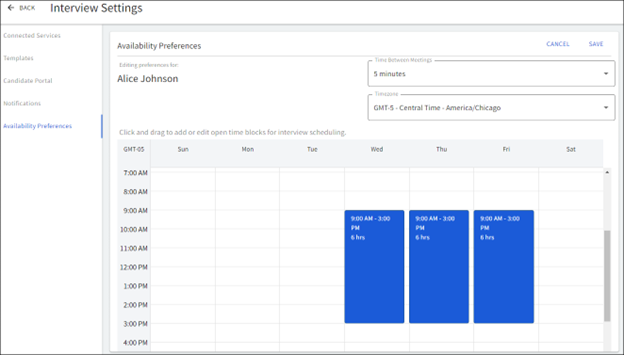 Availability Preferences Editing Page