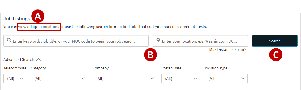 An image that displays the search options on a career portal in context.